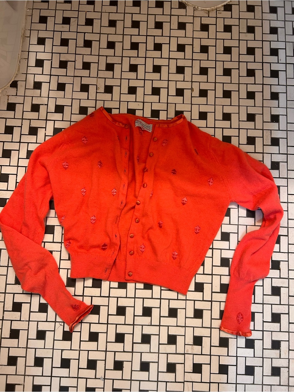 100% cashmere embroidered Women's Button-Up Cardigan Sweater. Buttons are satin